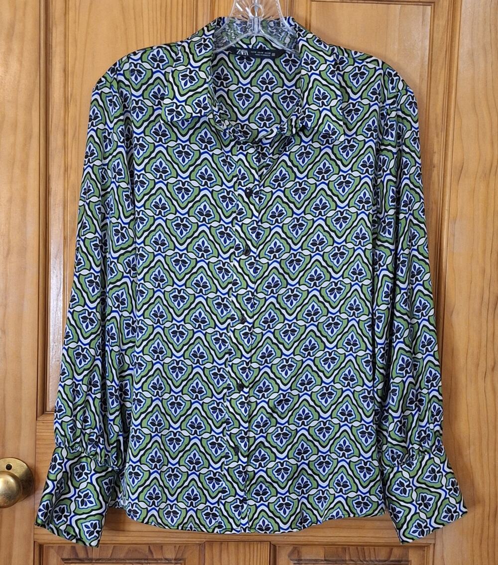 ZARA Shirt Women's Medium MOD Retro Artsy Floral Office Professional Career
